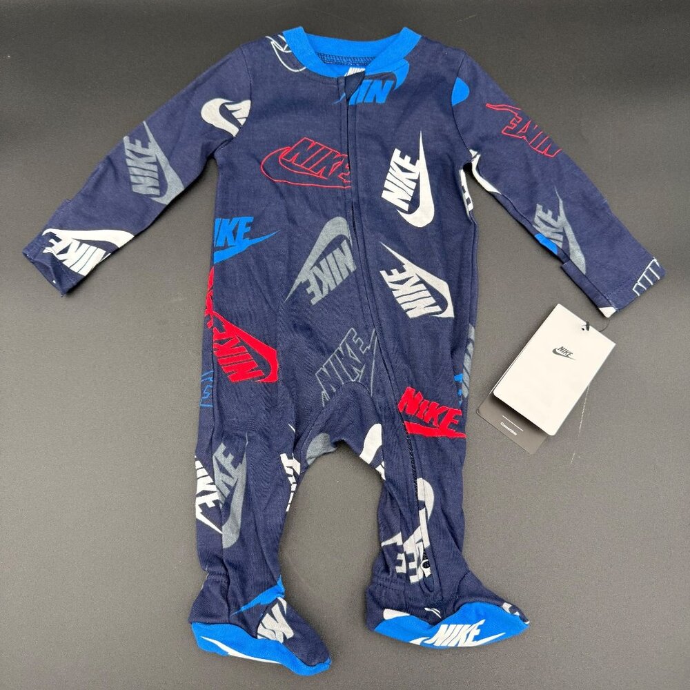 Nike Baby Footed Pajamas 3M Blue‎ Multicolor Navy Logos Cotton Blend 56G821-U90